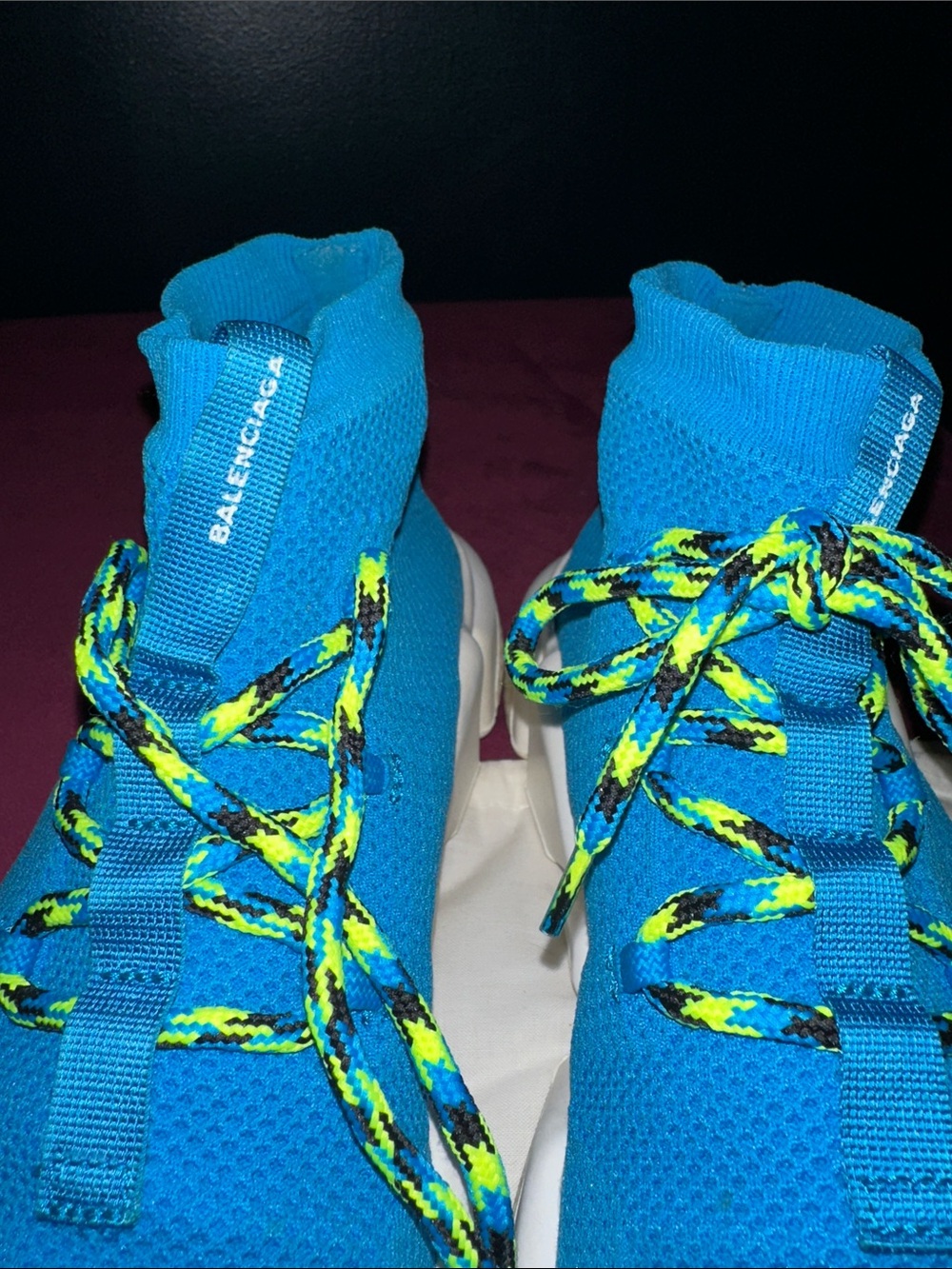Balenciaga Turquoise Knit Speed Trainer Sneakers with Neon Laces - Picture 11 of 13